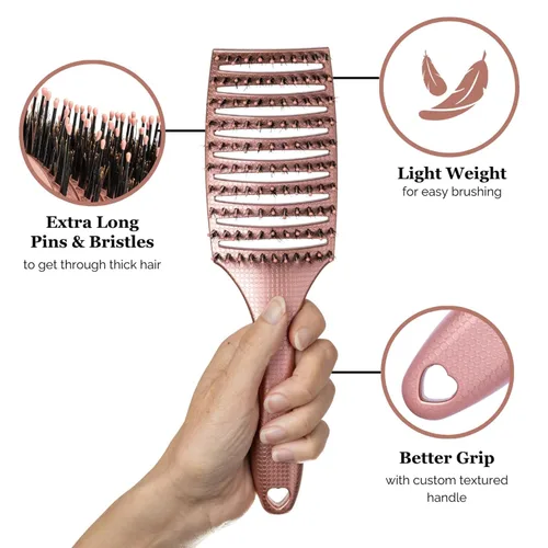 Vista 4 de HAPPY HAIR: The Mother Brush - Cepillo desenredante patentado de calidad de salón de belleza, cerdas de jabalí con alfileres diseñadas para que
