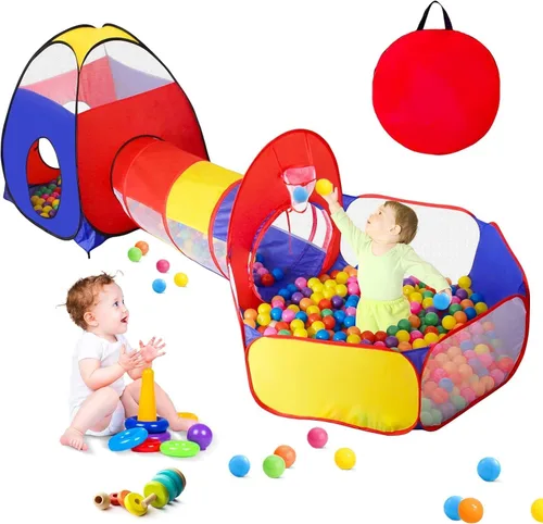Vista 9 de GeerWest Tienda de campaña 3 en 1 para niños: con pozo de pelotas para bebés y túnel de juego, casa de juegos para interiores y exteriores con túnel