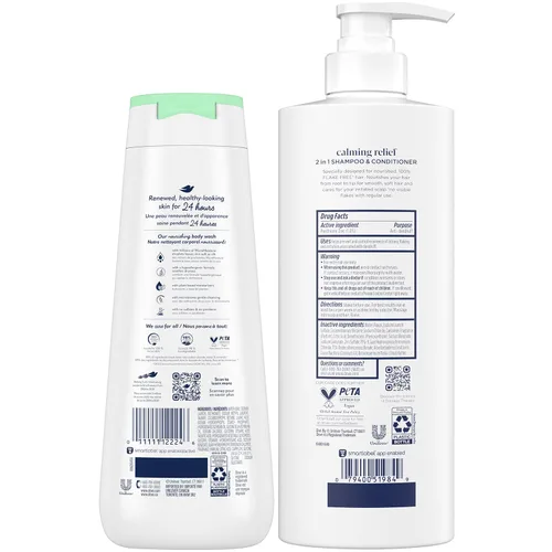 Vista 2 de Dove Champú y acondicionador para la caspa 2 en 1, alivio calmante DermaCare con piritiona zinc + gel de baño para pieles sensibles, lo mejor