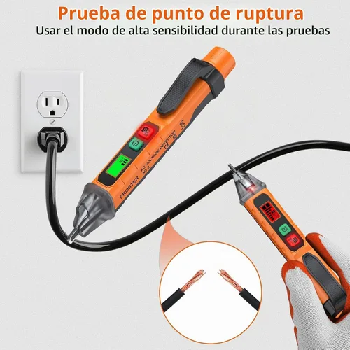Vista 3 de Probador de Voltaje sin Contacto Proster - Detector de Voltaje AC Ajustable, Probador de Voltaje Eléctrico 12-1000V/48-1000V con Linterna LED