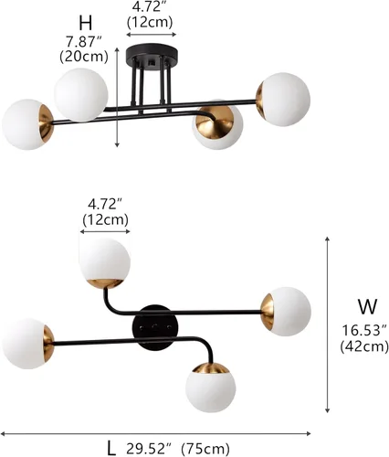 Vista 7 de Aiwen Lámpara de techo redonda semiempotrada moderna de 4 luces, acabado negro y dorado con cristal de globo, iluminación de techo de granja