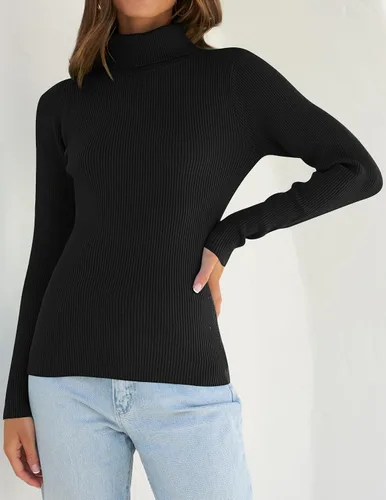 Vista 7 de ZESICA Camisas de manga larga con cuello alto para mujer, camisetas básicas de primavera, suéter de punto acanalado ajustado