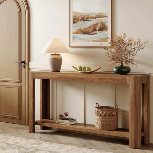 Vista 10 de Tribesigns - Mesa de consola de entrada de 63 pulgadas, mesa de sofá de 2 niveles estilo granja estrecha detrás del sofá, mueble de consola