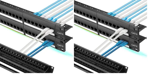 Vista 9 de Rapink Panel de conexión de 24 puertos Cat6 con soporte Keystone en línea 10G, panel de conexión con acoplador de paso UTP de 19 pulgadas con barra