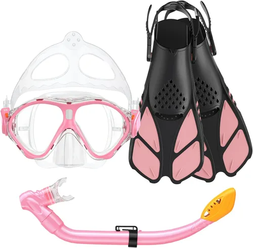 Vista 11 de Seovediary Juego de esnórquel para niños, máscara, aletas, equipo de esnórquel para niños, gafas de natación antiniebla con vista panorámica de 180
