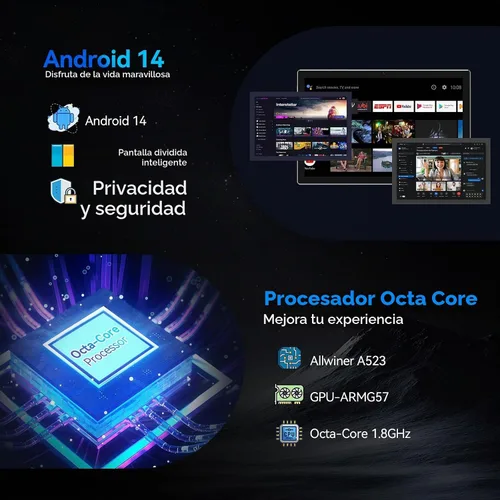 Vista 3 de Tableta Android de 10.1 pulgadas, procesador Octa-Core 2026 con almacenamiento de 64 GB, tableta WiFi 6, cámara dual de 13 MP+5MP, tableta 2 en 1