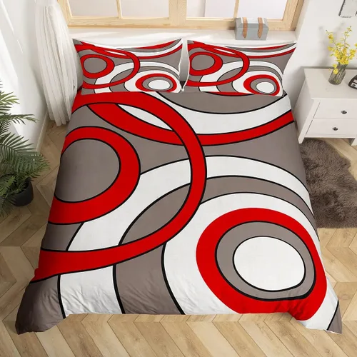 Vista 9 de Erosebridal Juego de funda de edredón de geometría roja, tamaño individual, diseño de líneas de remolinos abstractos, rayas, funda de edredón retro