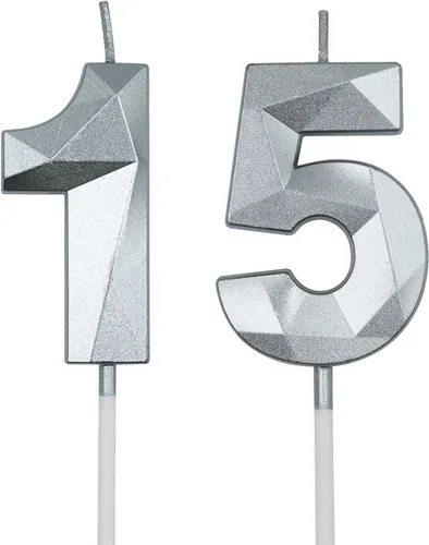 Vista 8 de Velas de cumpleaños número 15 y 51 para pastel, velas doradas con forma de diamante 3D con forma de diamante, decoraciones de cumpleaños