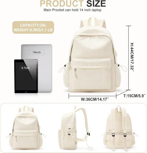 Vista 2 de Mochila escolar para adolescentes, niños y niñas, bonita mochila de pana clásica casual para escuela secundaria, mochila universitaria ligera