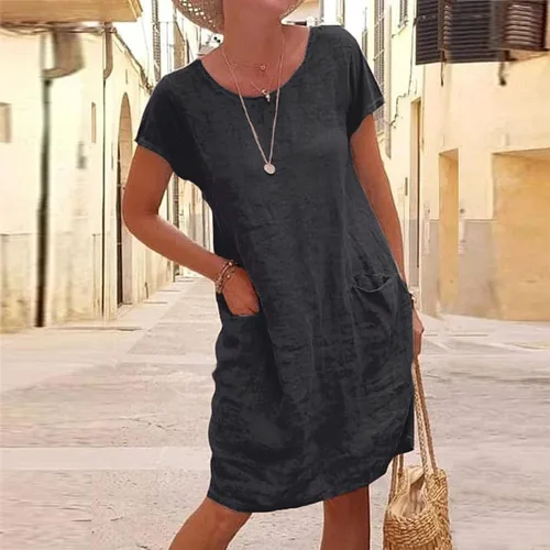Vista 2 de Linen Dress for Women 2023 Cotton Linen Dresses for Women Spring Summer Casual 34 Sleeve V Neck Midi Beach Dress