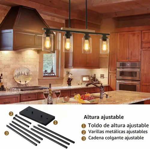 Vista 6 de Lámpara de comedor sobre mesa, iluminación de isla de cocina de 4 luces, modernos candelabros de madera para comedor con altura ajustable, luces