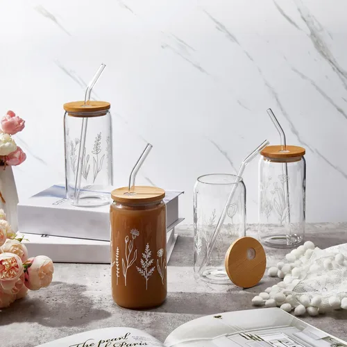 Vista 4 de Zubebe 8 vasos de cerveza con diseño de flores silvestres con tapas y vasos florales de pajita, taza de café helado bohemia, lindo vaso de café