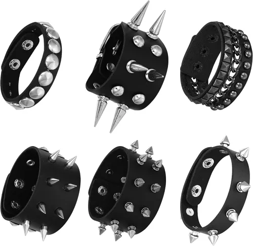 Vista 9 de Pulsera de cuero para hombre y mujer, pulsera punk, pulsera de rock, trenzada, con remaches, pulsera ajustable