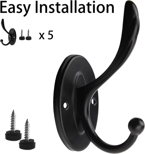 Vista 5 de 5 ganchos negros para abrigos montados en la pared, ganchos de pared negros mate con tornillos, ganchos de metal negro mate para toallas para baños