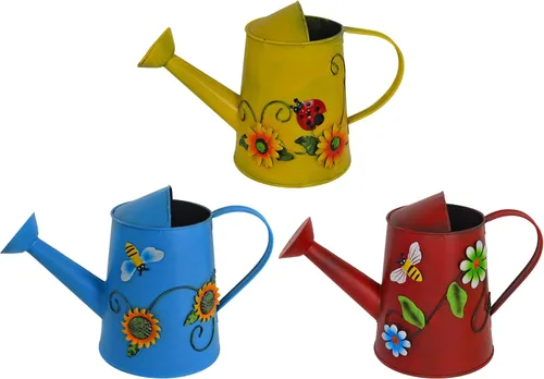 Vista 7 de Regadera decorativa de metal con girasol y abeja (vol: 4 tazas) Regadera azul pequeña Decoración de jardín Regalo de inauguración de la casa