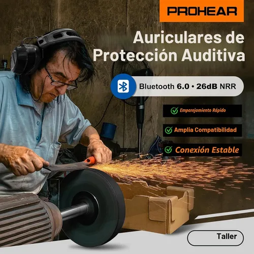 Vista 4 de PROHEAR 039 Bluetooth 6.0 Hi-Fi Hearing Protection Earmuffs 26dB NRR OSHA Approved, Rechargeable Battery, 4 Weeks Runtime, Noise Reduction for