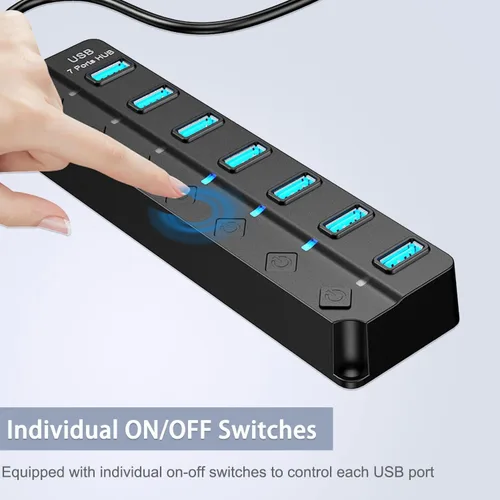 Vista 3 de Hub USB 3.0, divisor de concentrador USB de 7 puertos con interruptores individuales de encendido/apagado y luces compatibles con MacBook, laptop