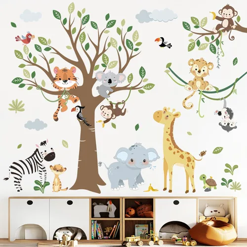Vista 7 de decalmile Pegatinas de pared de animales de la jungla 3D, calcomanías de pared de animales del bosque, elefante, león, mono, calcomanías