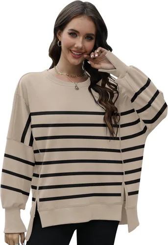 Vista 2 de GUNEST Sudaderas de gran tamaño para mujer, cuello redondo, manga larga, casual, con abertura, ropa de moda 2023