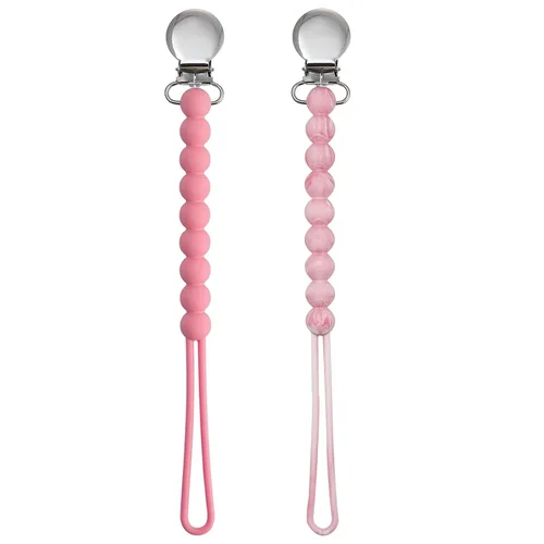 Vista 7 de Silicone Pacifier Clip for Baby Girls, Paci Binky Holder 2 Pack R-Rosa y Beige