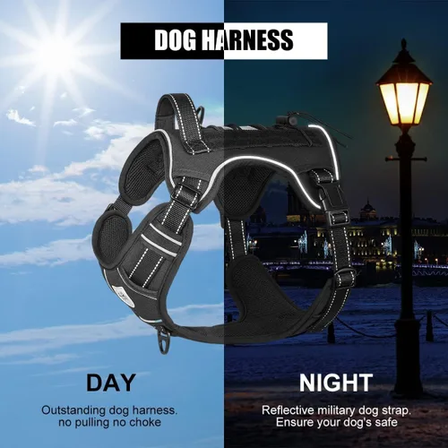 Vista 4 de Arnés táctico para perro sin tirones, arnés militar reflectante para perro, chaleco táctico para perro con asa molle y resistente, clip de correa