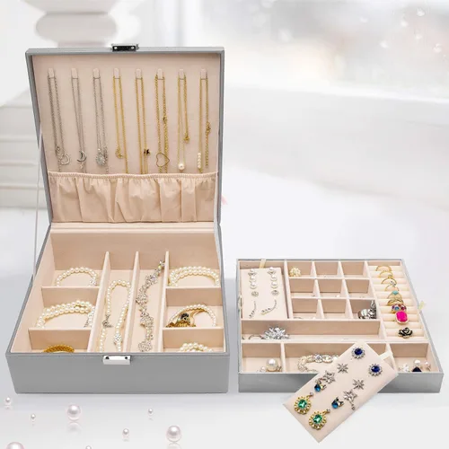 Vista 6 de ProCase - Joyero grande de cuero con dos niveles para organizar aretes pulseras anillos relojes para mujeres niñas regalo ideal para novia o esposa
