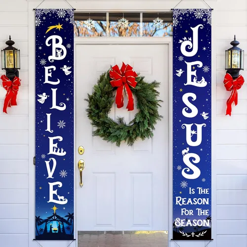 Vista 10 de Tiamon Cartel de Navidad para porche delantero, letrero de belén religioso de invierno, cartel colgante de vacaciones, decoración de Navidad
