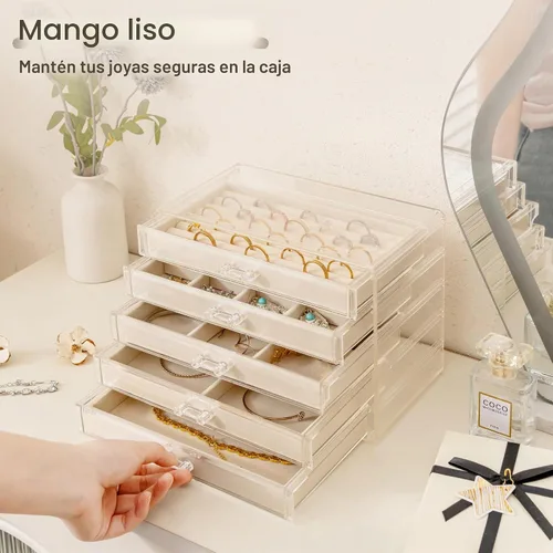 Vista 6 de Frebeauty Caja de joyas extra grande de acrílico para mujeres y niñas, organizador de aretes de terciopelo transparente de 5 capas con 5 cajones