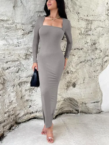 Vista 5 de Vestidos ajustados para mujer, con cuello cuadrado, manga larga, suave, acanalado, ajustado, 2023
