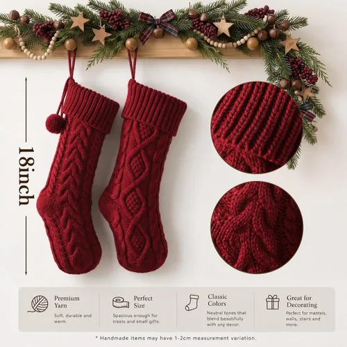 Vista 2 de Medias de Navidad de 18 pulgadas, 5 medias de punto trenzado color burdeos surtido con lazo de cinta de terciopelo, hilo rústico de granja de Borgoña