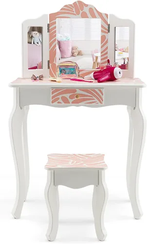 Vista 13 de HONEY JOY Juego de tocador para niños, mesa de maquillaje de madera estilo princesa con taburete y cajón, espejo de triple plegado, parte superior