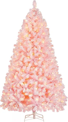 Vista 23 de Yaheetech - Árbol artificial de Navidad preiluminado de 9 pies con luces incandescentes de color blanco cálido, árbol de Navidad con flecos de Verde
