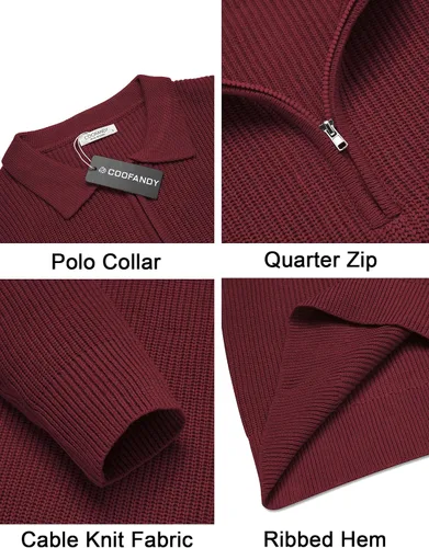 Vista 5 de COOFANDY Suéter tipo polo con cremallera de un cuarto para hombre, de punto, manga larga, casual, ajustada