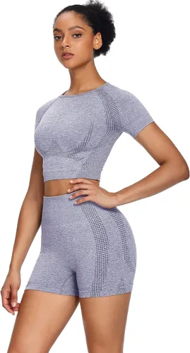 Vista 4 de Sytiz Conjunto de 2 piezas de yoga sin costuras para mujer pantalones cortos de gimnasio y camiseta corta de manga corta