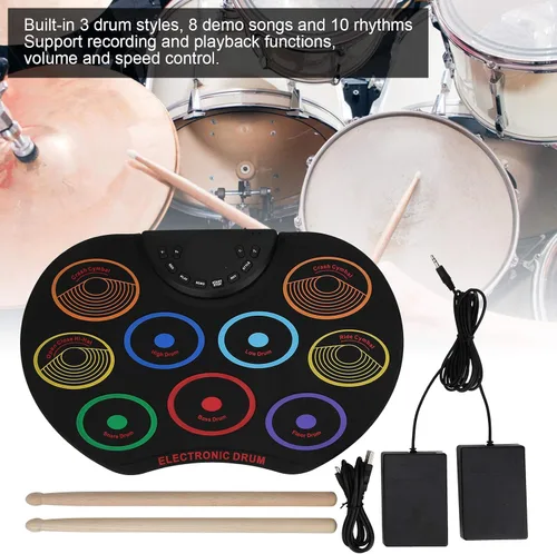 Vista 9 de Juego de batería electrónica, almohadilla de tambor enrollable, almohadilla de tambor enrollada a mano de color portátil para instrumentos de Siete
