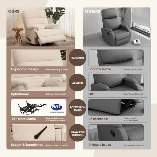 Vista 9 de Mecedora Divanus, grande, estilo balancín, reclinable, beige, giratoria, silla reclinable con respaldo alto, para cuarto de bebé o sala de estar