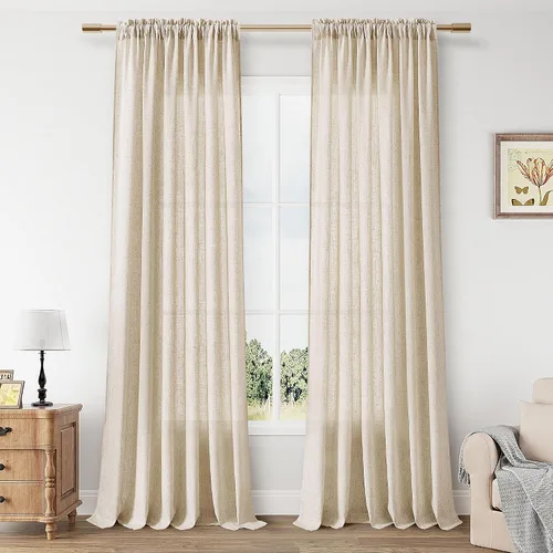 Vista 60 de Cortinas de lino verde aguamarina de 84 pulgadas de largo, juego de 2 paneles semitransparentes con bolsillo para barra para comedor, decoración
