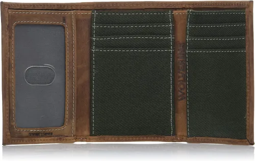 Vista 6 de WOLVERINE Cartera triple de cuero y lona resistente para hombre con bloqueo RFID, NegroGris