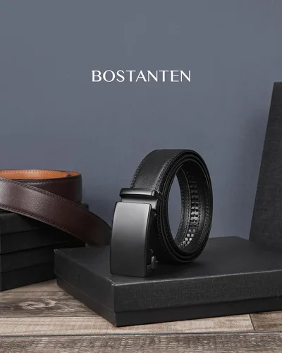 Vista 5 de BOSTANTEN Cinturón de cuero con trinquete para hombre, para atuendos formales e informales con hebilla ajustable, se ajusta a la medida.