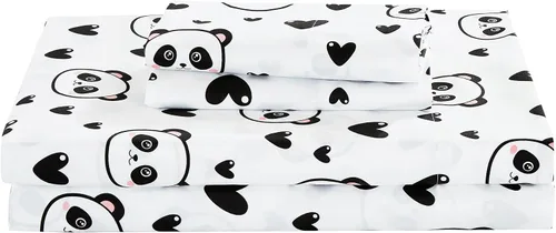 Vista 2 de Chezmoi Collection Juego de sábanas de 3 piezas para niños y adolescentes, microfibra suave, color blanco y negro, estampado de corazones de panda