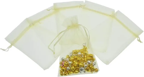 Vista 4 de Lautechco 100 bolsas de organza – 4 x 6 pulgadas, bolsas de regalo de malla beige con cordón para Navidad