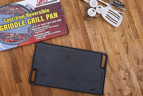 Vista 7 de BBQ Dragon Resistente - Hierro fundido de doble cara - Sartén reversible para parrilla
