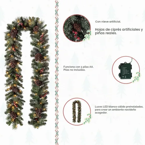 Vista 4 de Glitzhome - Guirnalda de Navidad de 9 pies con luces, guirnalda de Navidad para repisa, guirnalda de Navidad artificial preiluminada con conos
