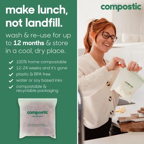 Vista 5 de Compostic Bolsas compostables de galón (60 unidades) Paquete de iniciación – Sellado con cremallera resellable, a base de plantas, compostables