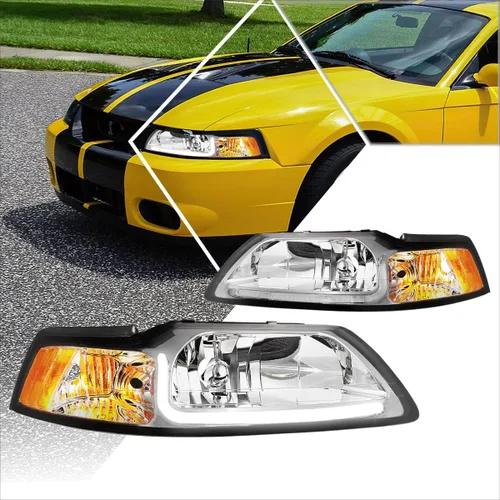 Vista 6 de PM PERFORMOTOR Faros delanteros de proyector de luz LED en forma de L de esquina ámbar de carcasa cromada compatibles con 99-04 Mustang