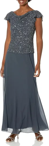 Vista 3 de J Kara Vestido largo de manga con volantes y cuello redondo y cuentas para mujer Champán Multi
