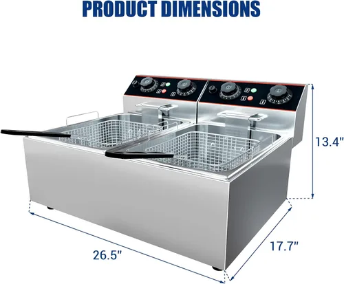 Vista 3 de Freidora comercial de 23 cuartos de galón con cestas dobles y tapa, freidora de aceite comercial eléctrica de acero inoxidable, control