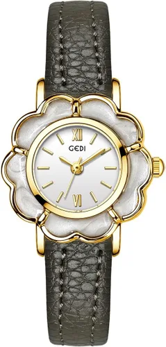 Vista 9 de CARLIEN Reloj de cuarzo dorado creativo con forma de flor para mujer, correa de cuero ligero, elegante, elegante, para mujer