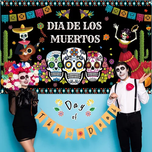Vista 3 de Decoraciones del Día de los Muertos, telón de fondo de pancarta del día de los muertos, fondo de fotografía de flores de calavera de azúcar