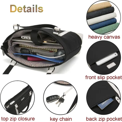 Vista 6 de Bolsa de trabajo de lona para laptop para mujer con bolsillos de compartimento para computadora de 15.6 pulgadas, L